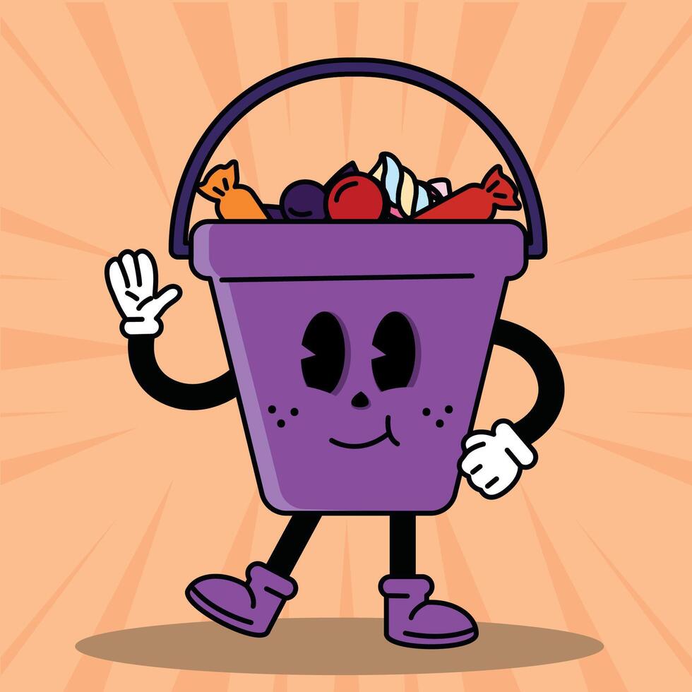 Candy bucket cartoon character smiling and waving, vector