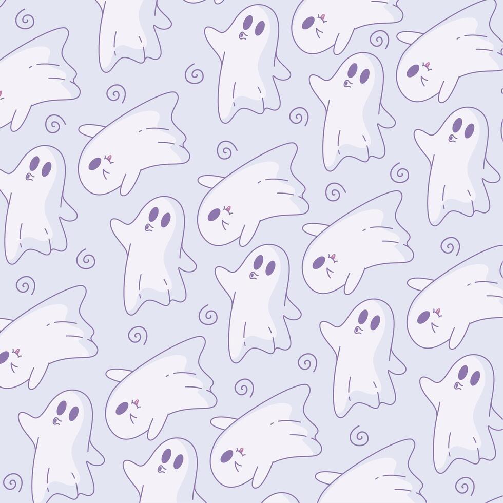 Cute ghost pattern with kissing ghosts and swirls, vector
