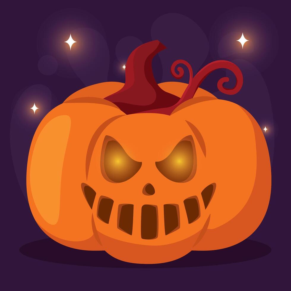 Grinning jack-o-lantern pumpkin with a skull face, vector