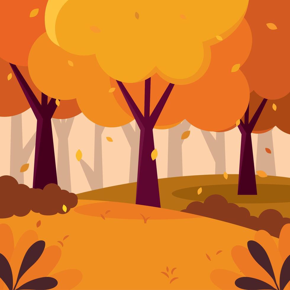Autumn forest scene with orange trees and falling leaves, vector