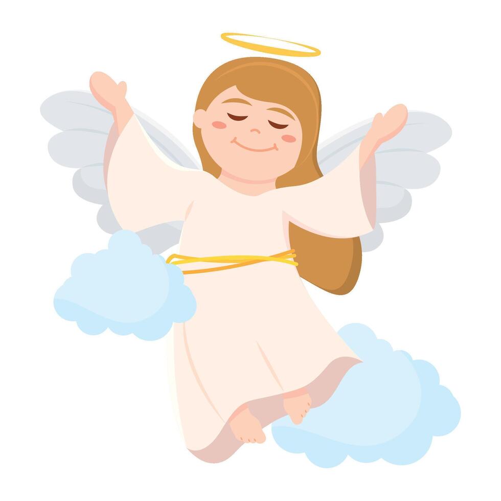 Cute angel with halo flying among clouds vector