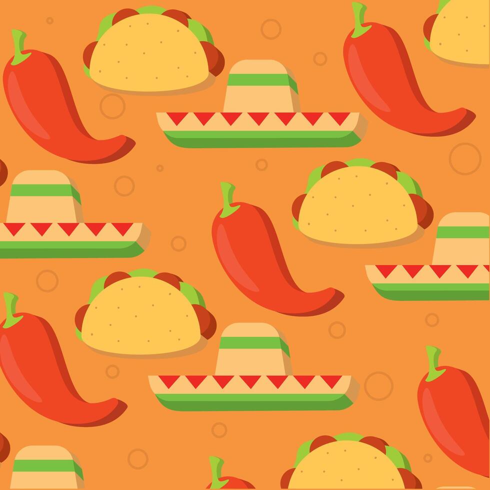Chili peppers, tacos, and sombrero food pattern, vector