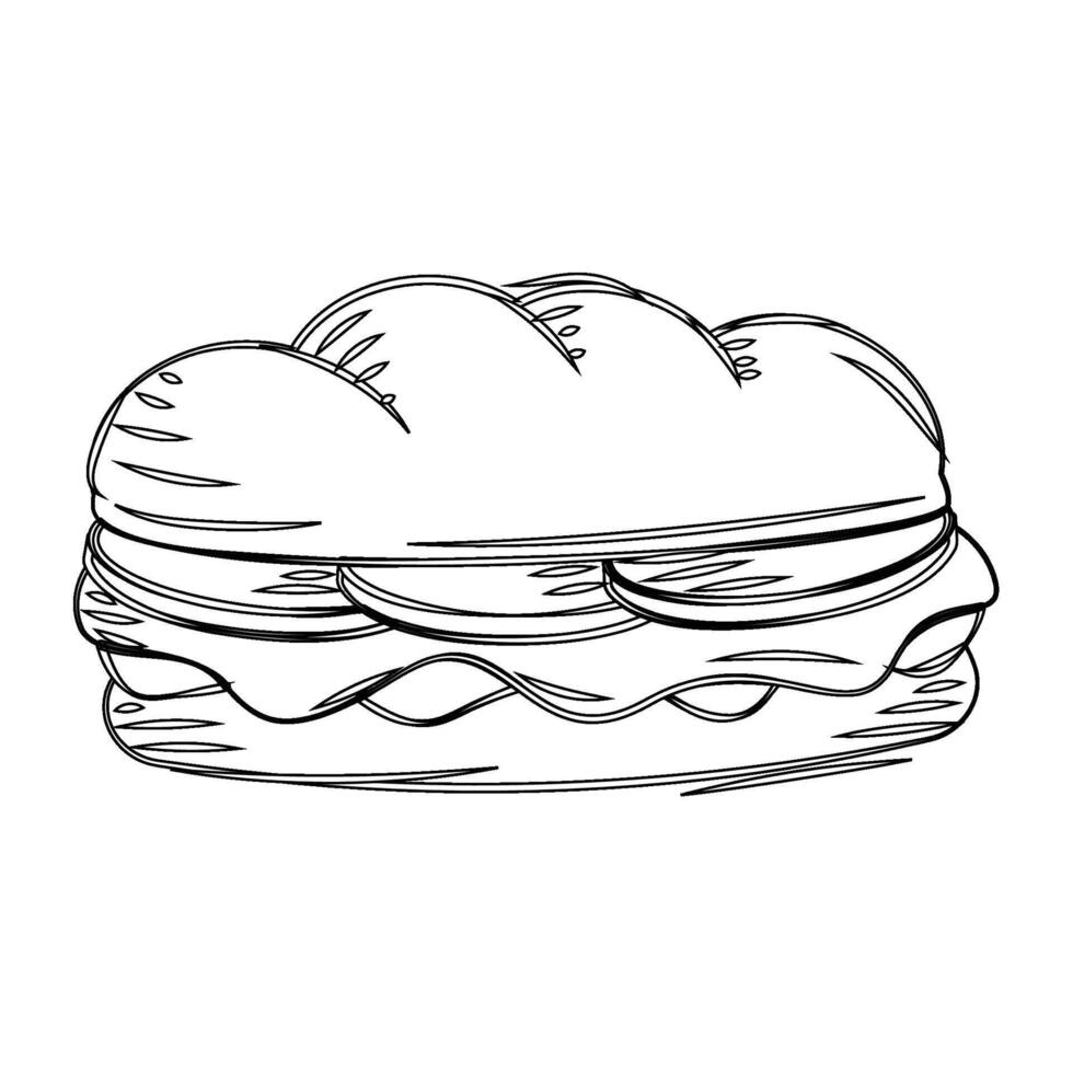 Hand-drawn sandwich with lettuce and cheese sketch vector
