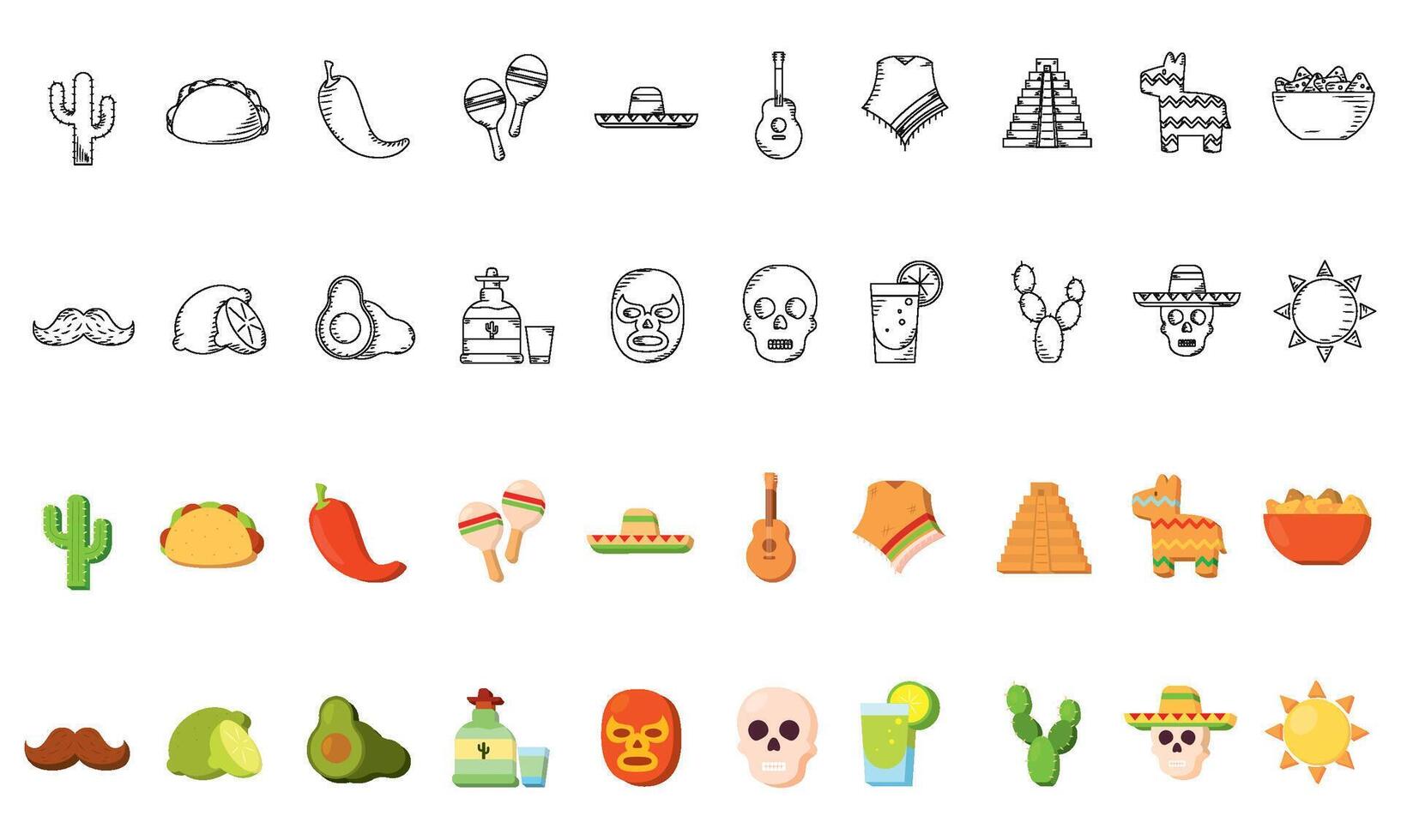 Mexican-themed icons in black lines and colorful, vector