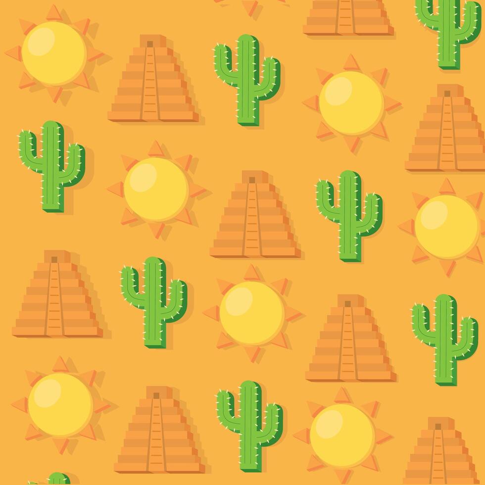 Cactus, pyramid, and sun Mexican-themed pattern, vector