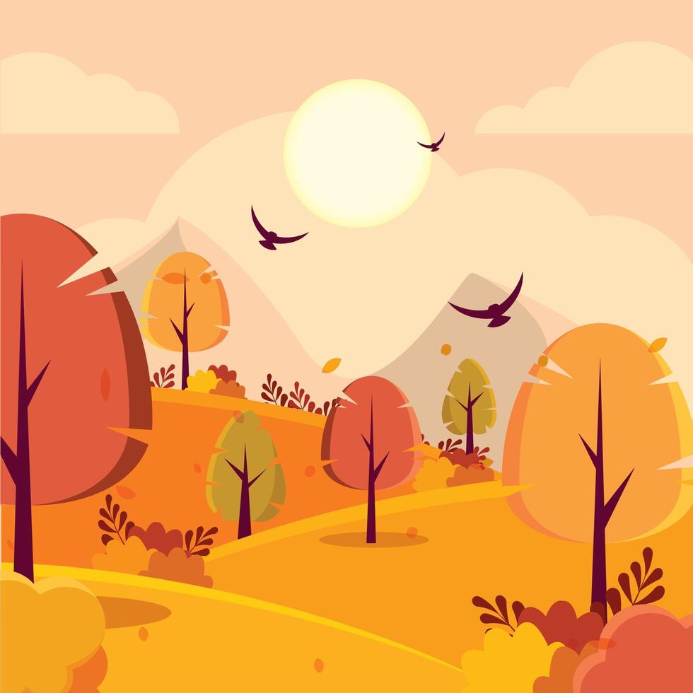 Sunny autumn landscape with colorful trees and hills, vector