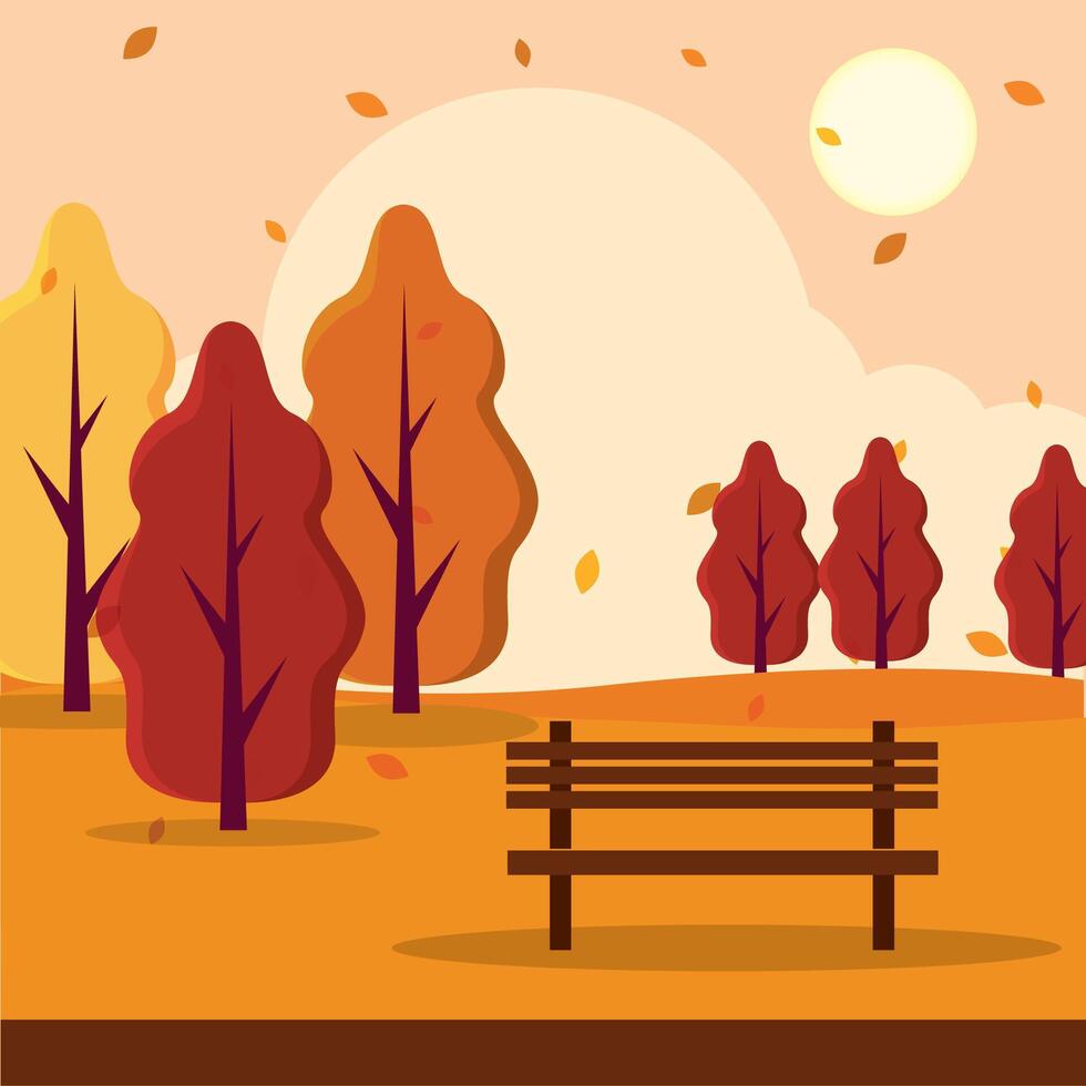 Park scene with trees, bench, and autumn leaves, vector