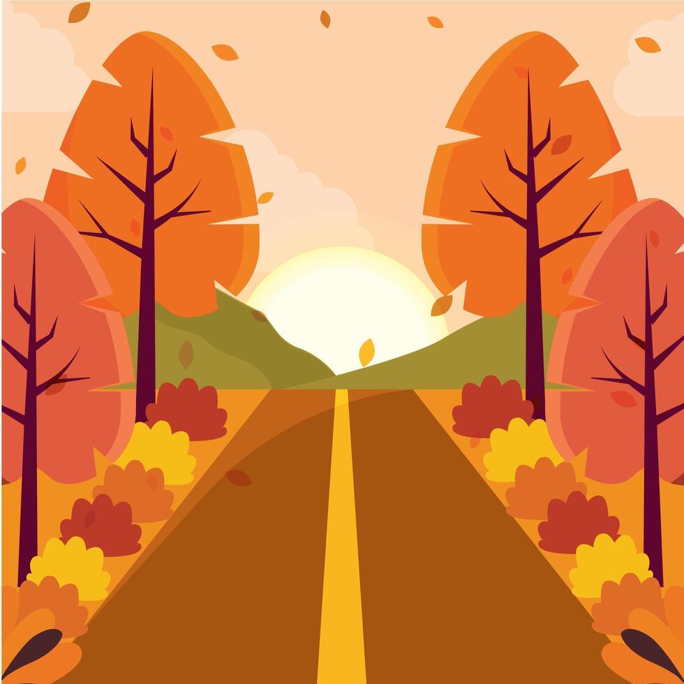 Autumn road lined with orange trees at sunset, vector