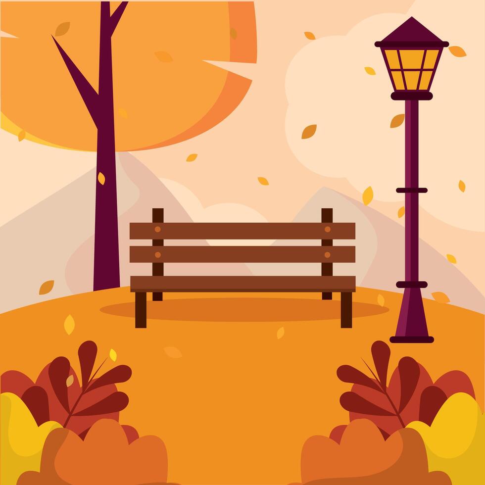 Bench and street lamp in autumn park setting, vector