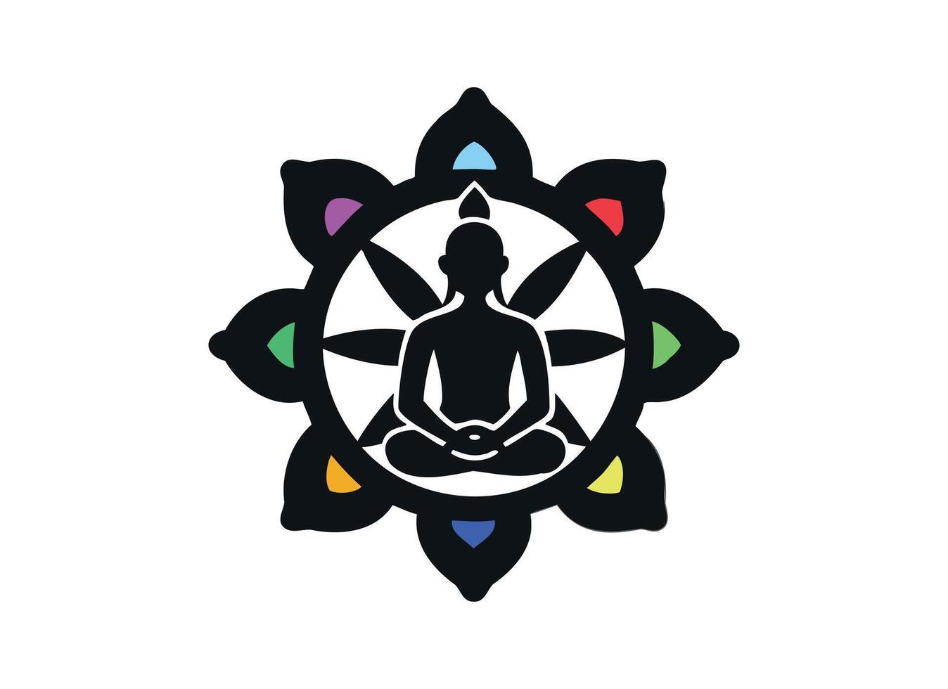 Serene Cartoon Meditation Illustration with Chakra Colors for Yoga and Wellness Designs vector