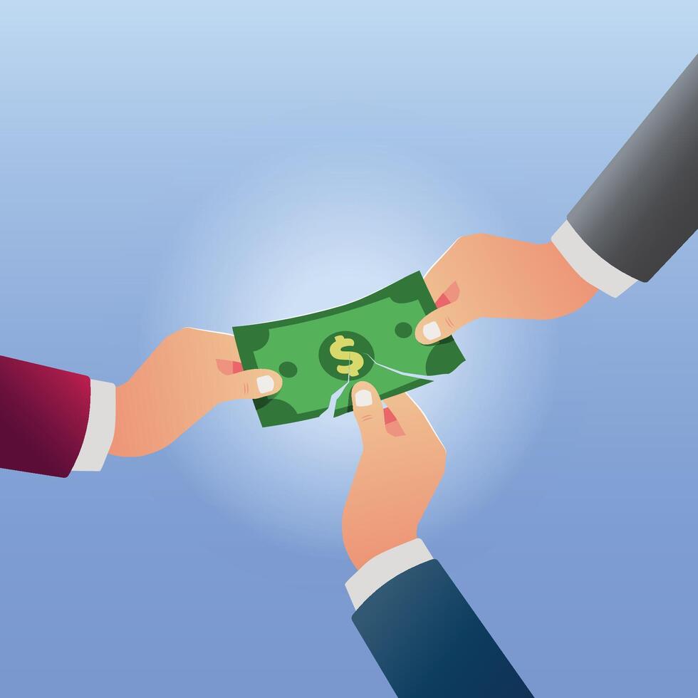 Three hands of the businessman tearing apart of money bill illustration vector
