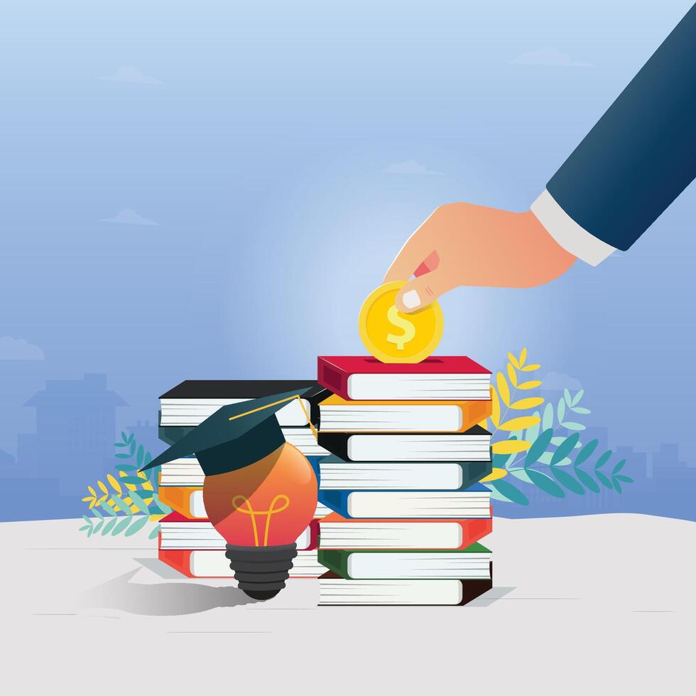 Hand saving coin to the book. Saving for school fees concept vector