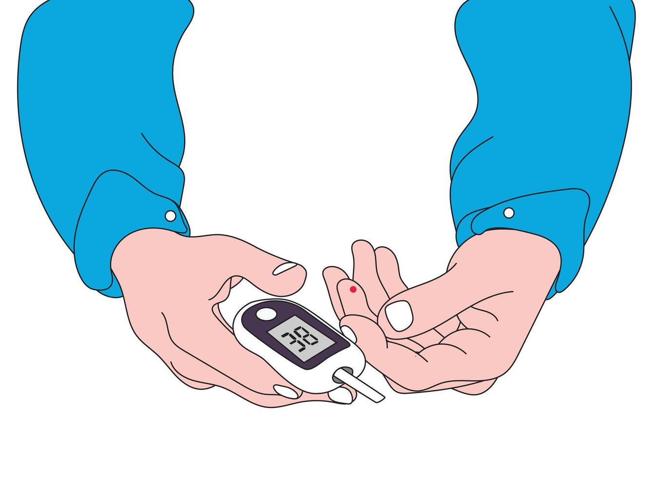 Illustration of a hand in a blue shirt checking blood sugar with a glucometer. vector