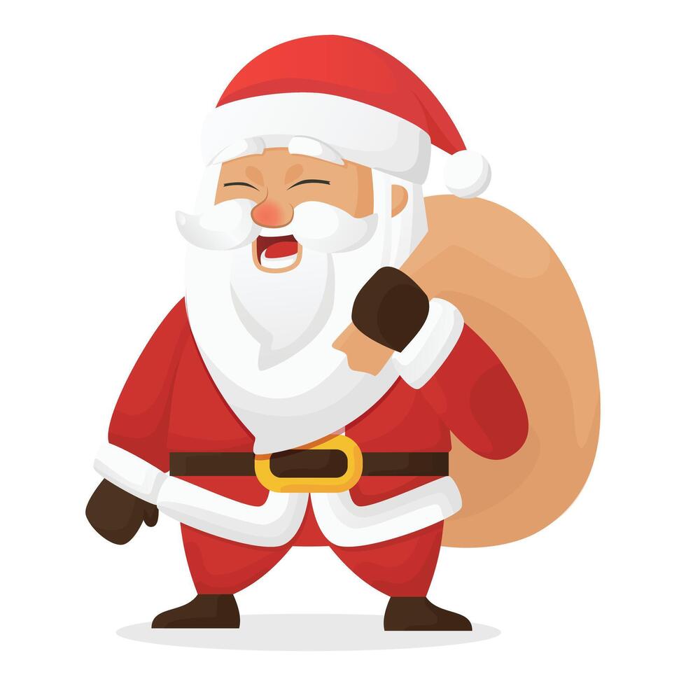 Santa Claus Chibi cute character free art flat design in cartoon style with laugh face carrying sack full of gift perfect for merry Christmas and kids book asset design isolated vector