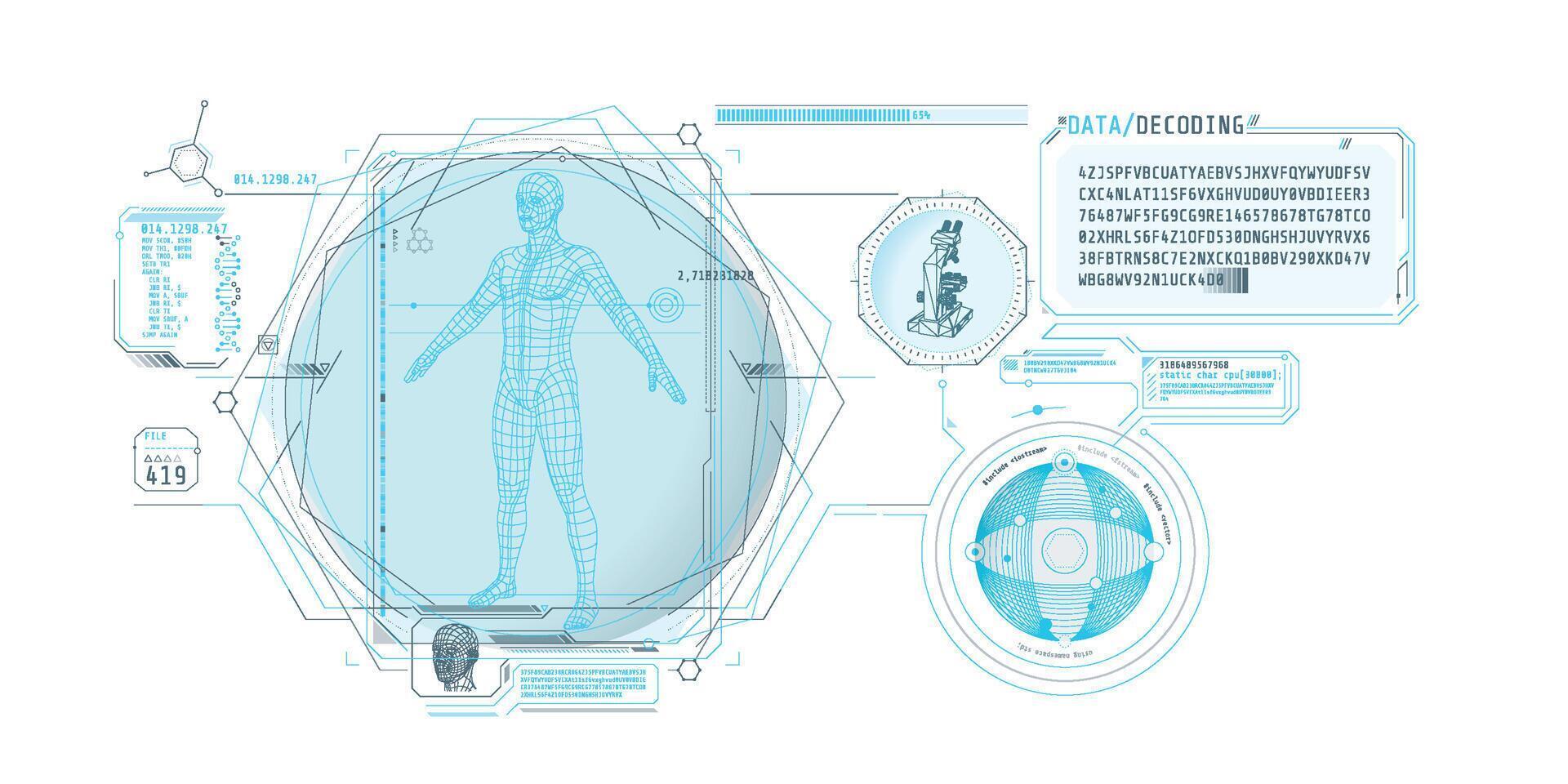 Medical research futuristic interface screen with data decoding. vector