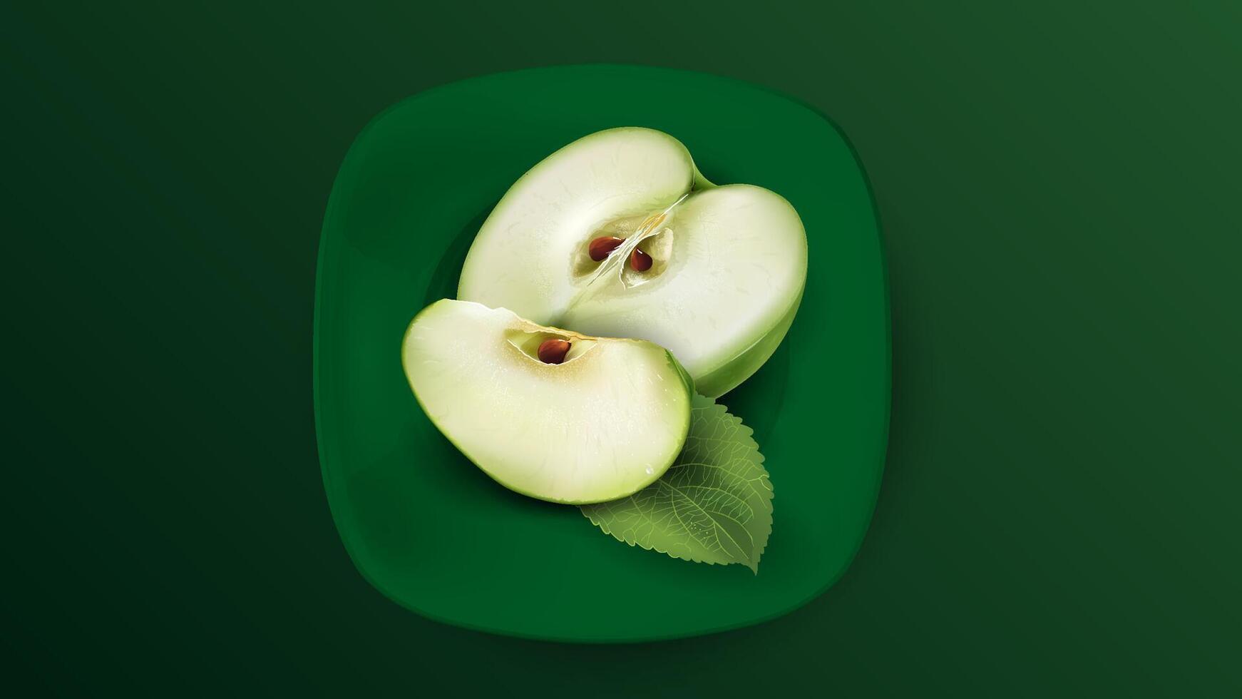 Sliced green apple on a green plate. vector