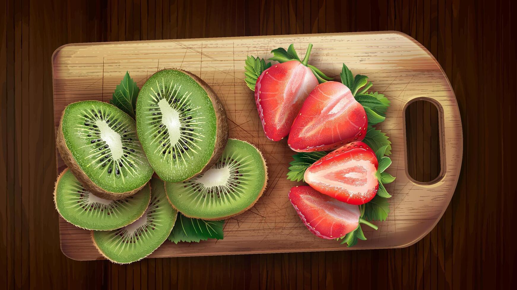 Chopped kiwi and strawberries on a cutting board. vector