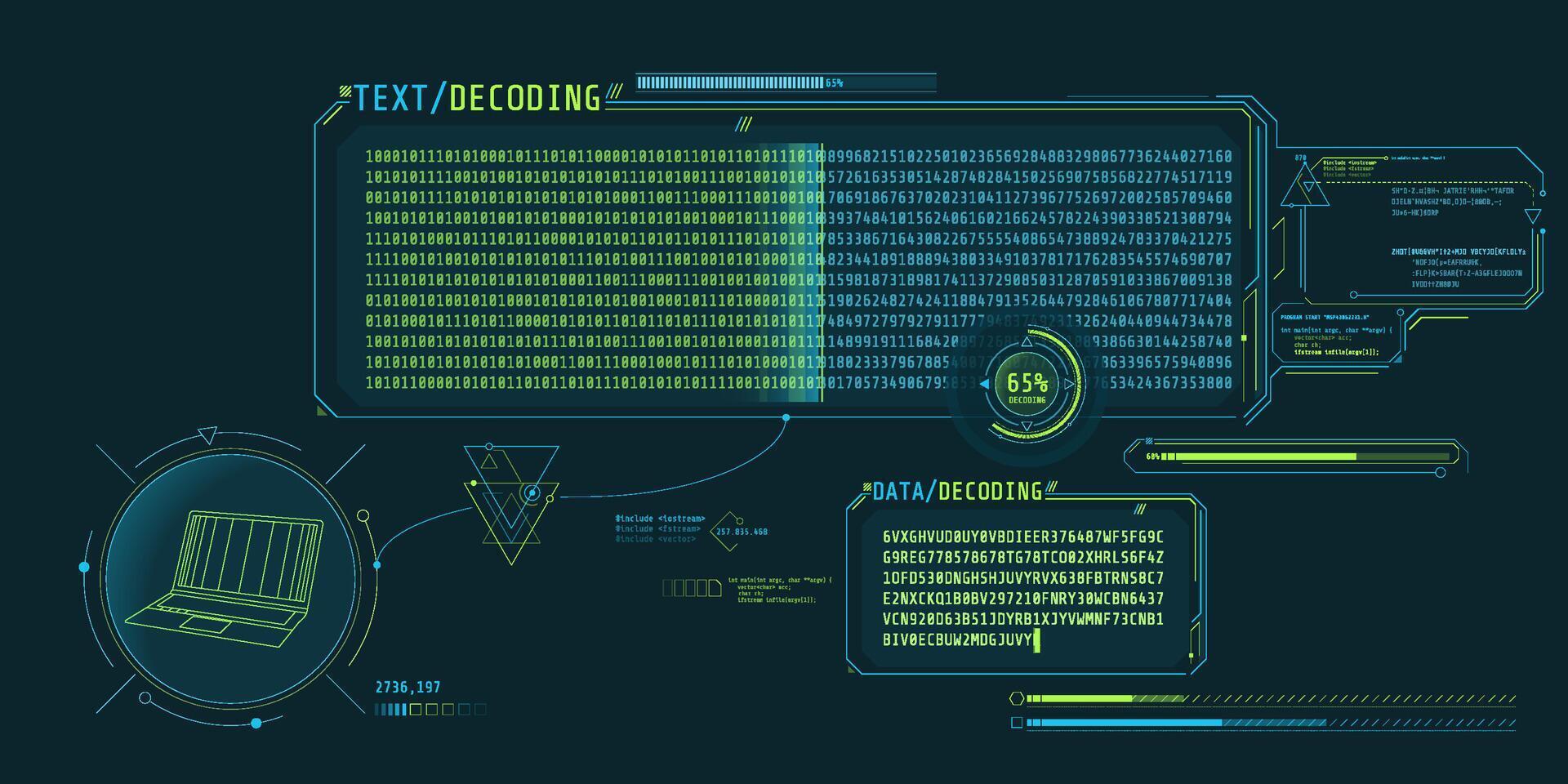 Data decryption screen with text decoding window. vector