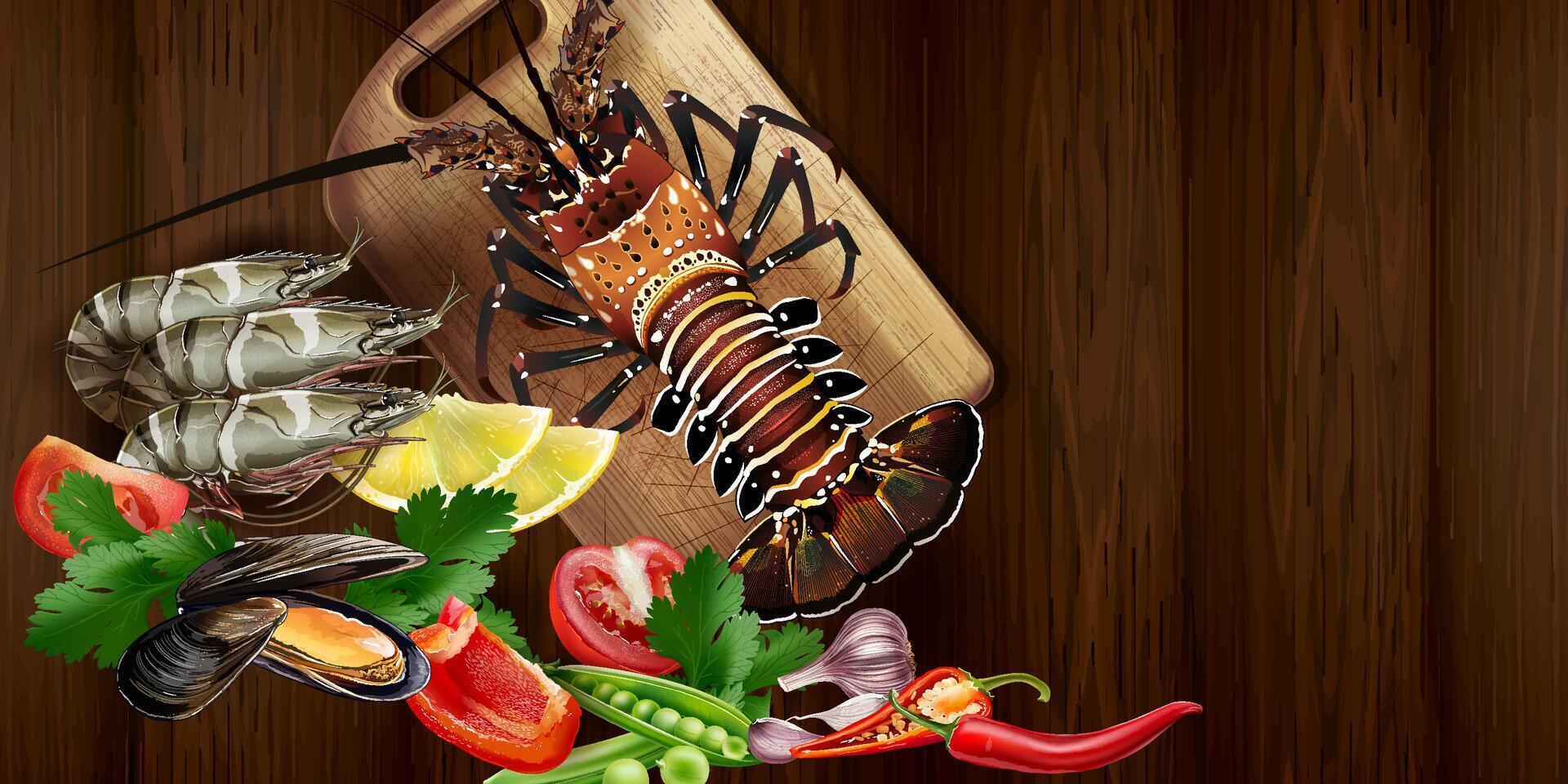 Lobster and seafood on the kitchen table. vector
