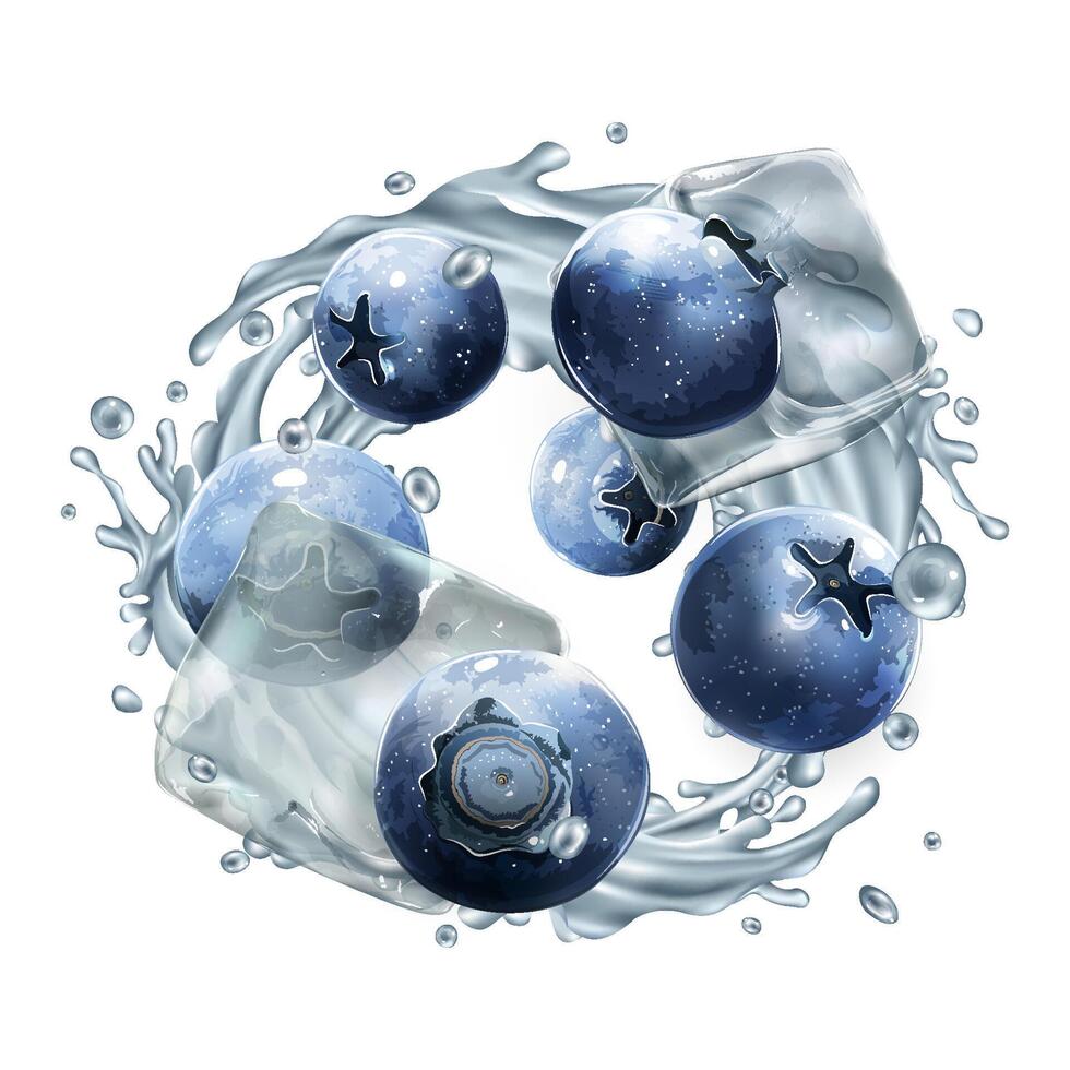 Blueberries and dynamic water splash with ice cubes vector