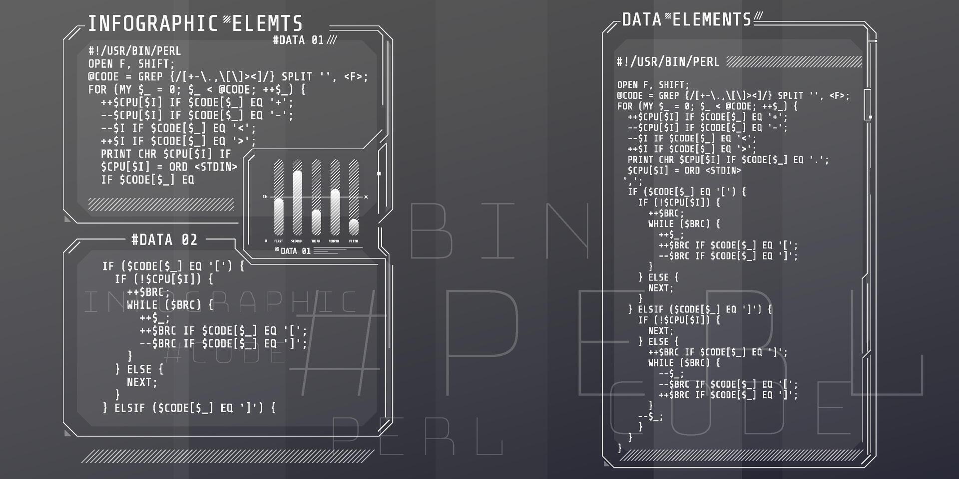 HUD interface elements with part of the code Perl. vector