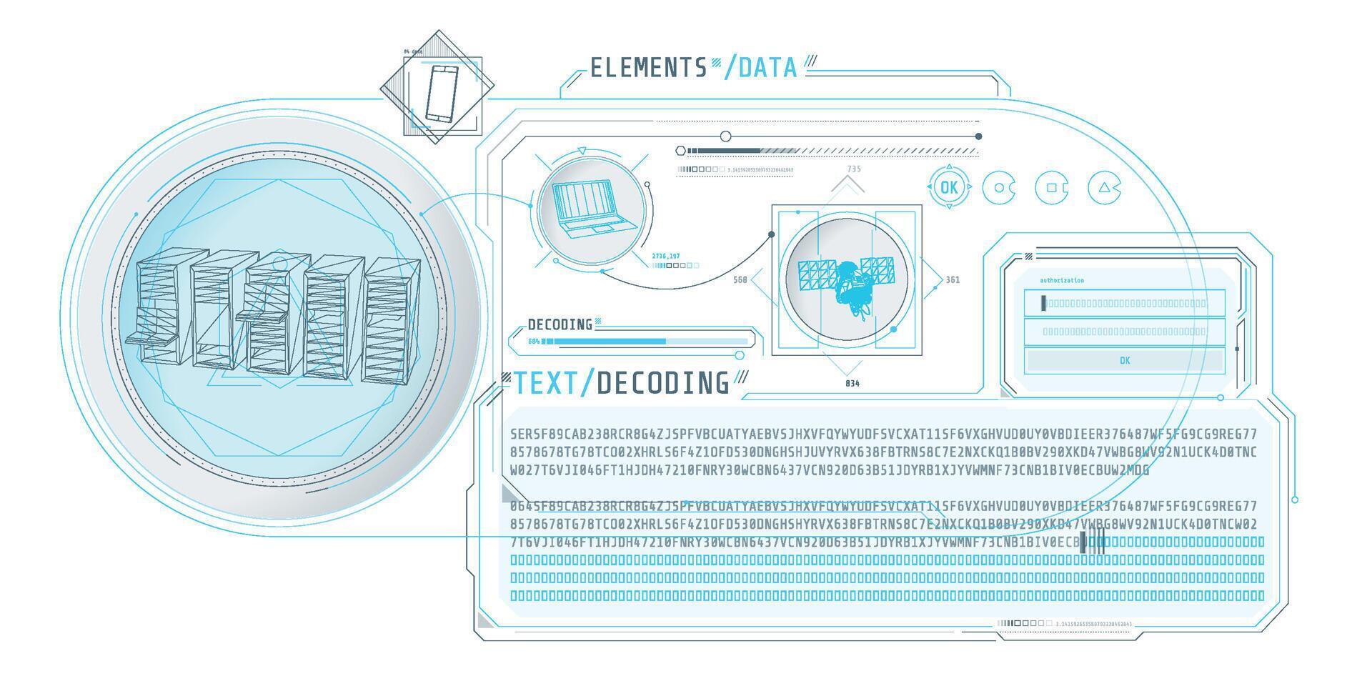 HUD interface for processing server data with text decoding. vector