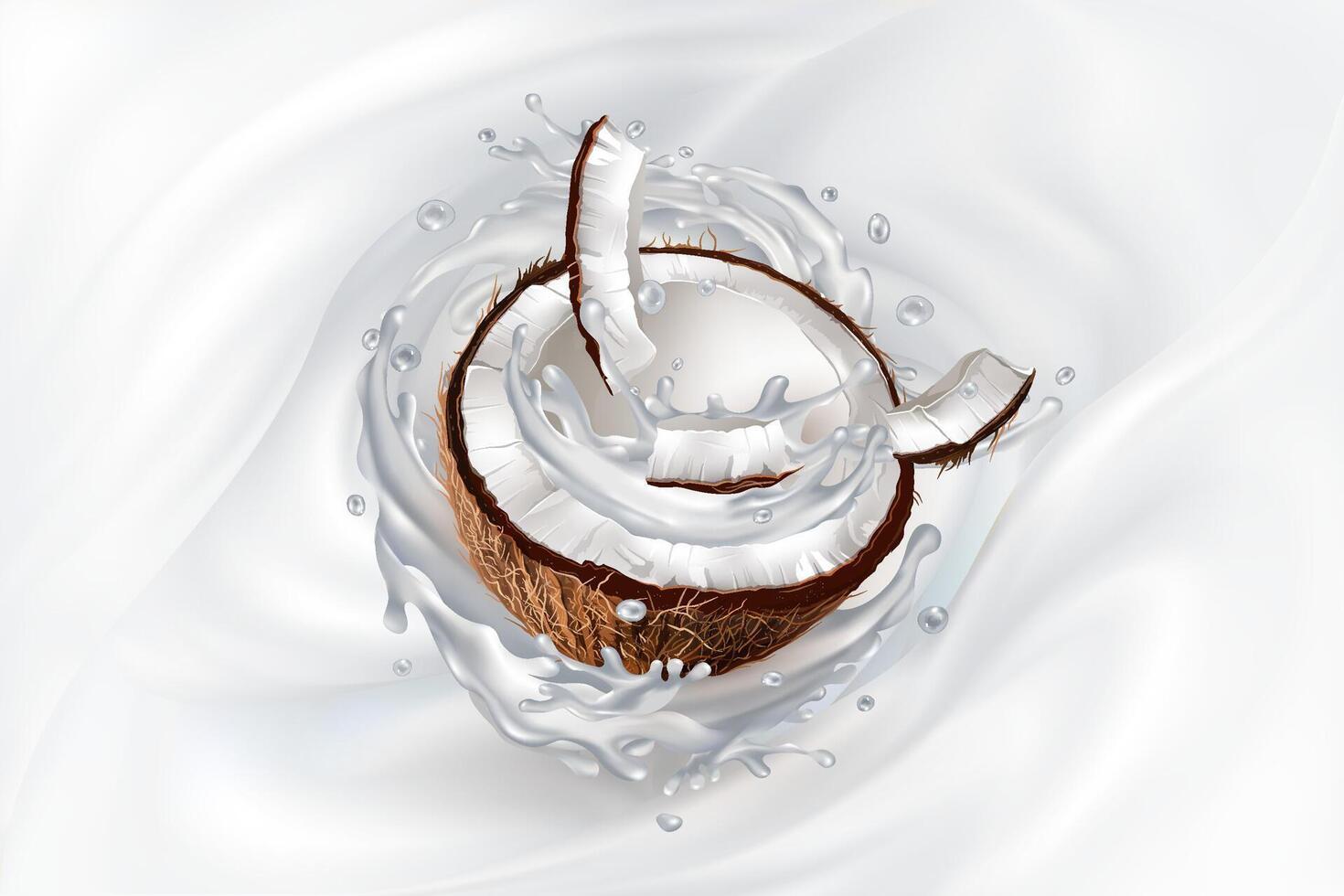 Sliced coconut in a splashing milky background. vector