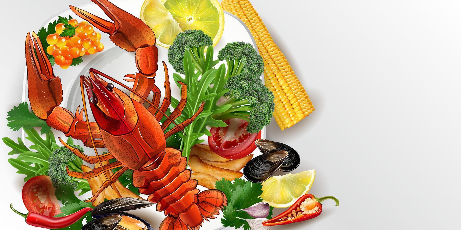 Lobster, mussels and red caviar with vegetables. vector