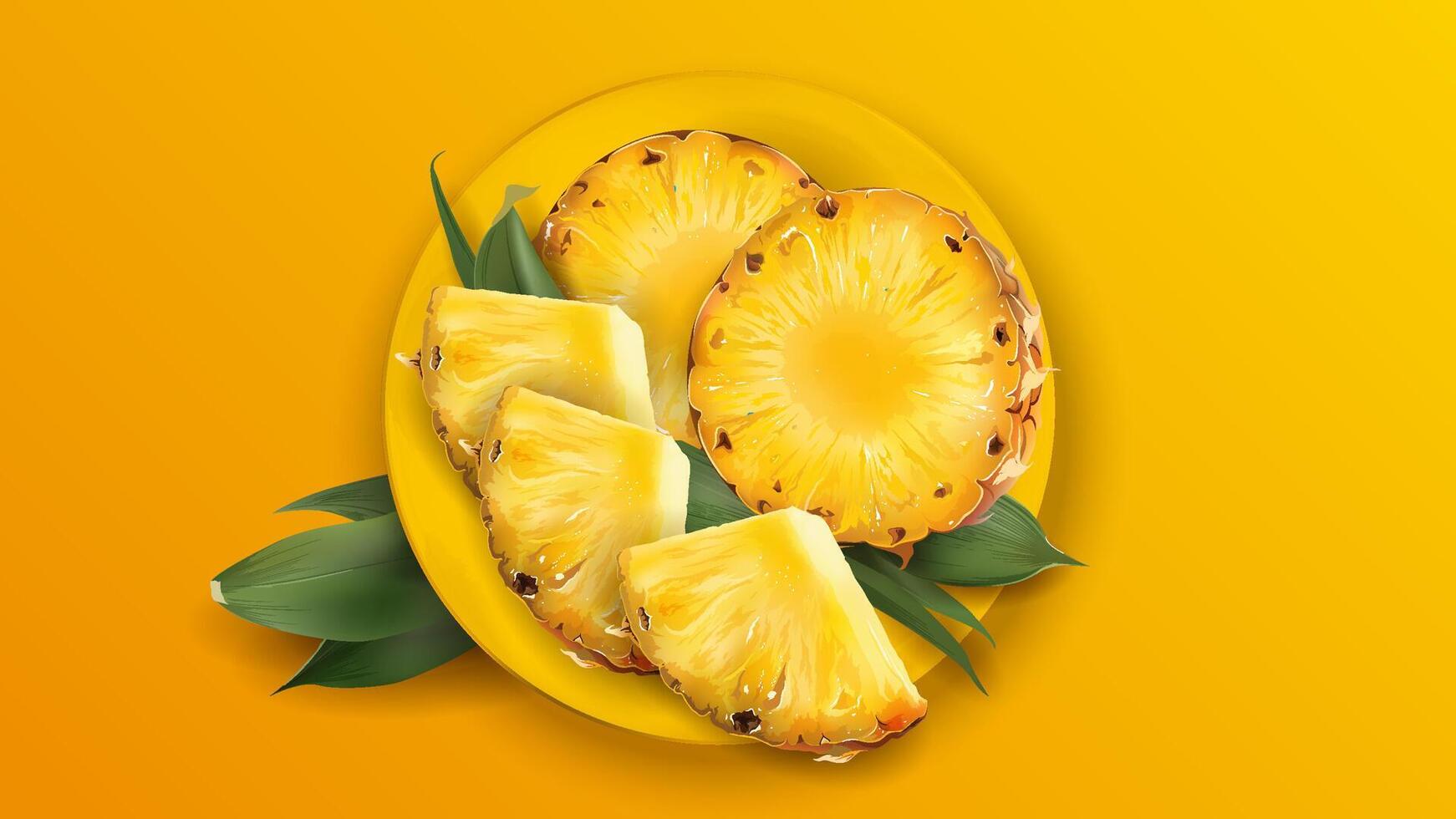Sliced juicy pineapple on a yellow plate. vector