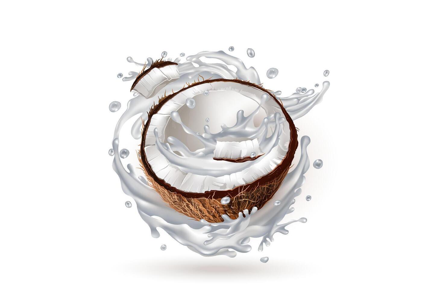 Half a coconut in a milk splash. vector
