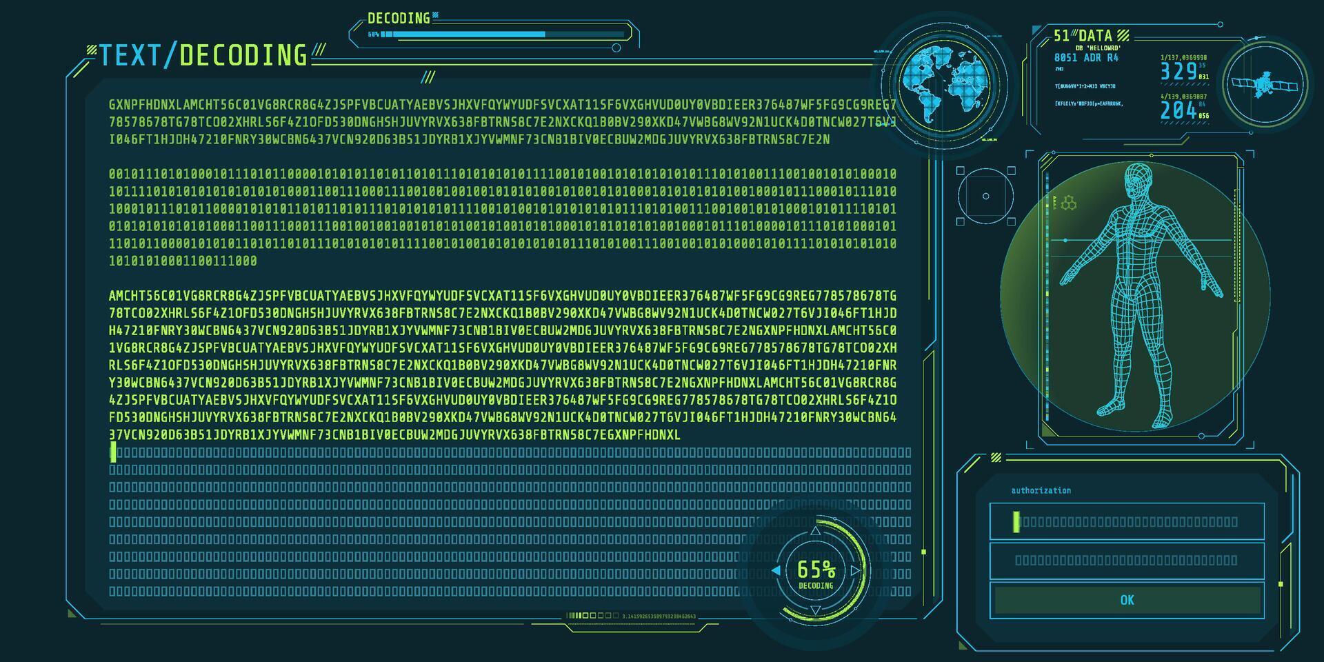 HUD interface futuristic design with text decoding screen. vector