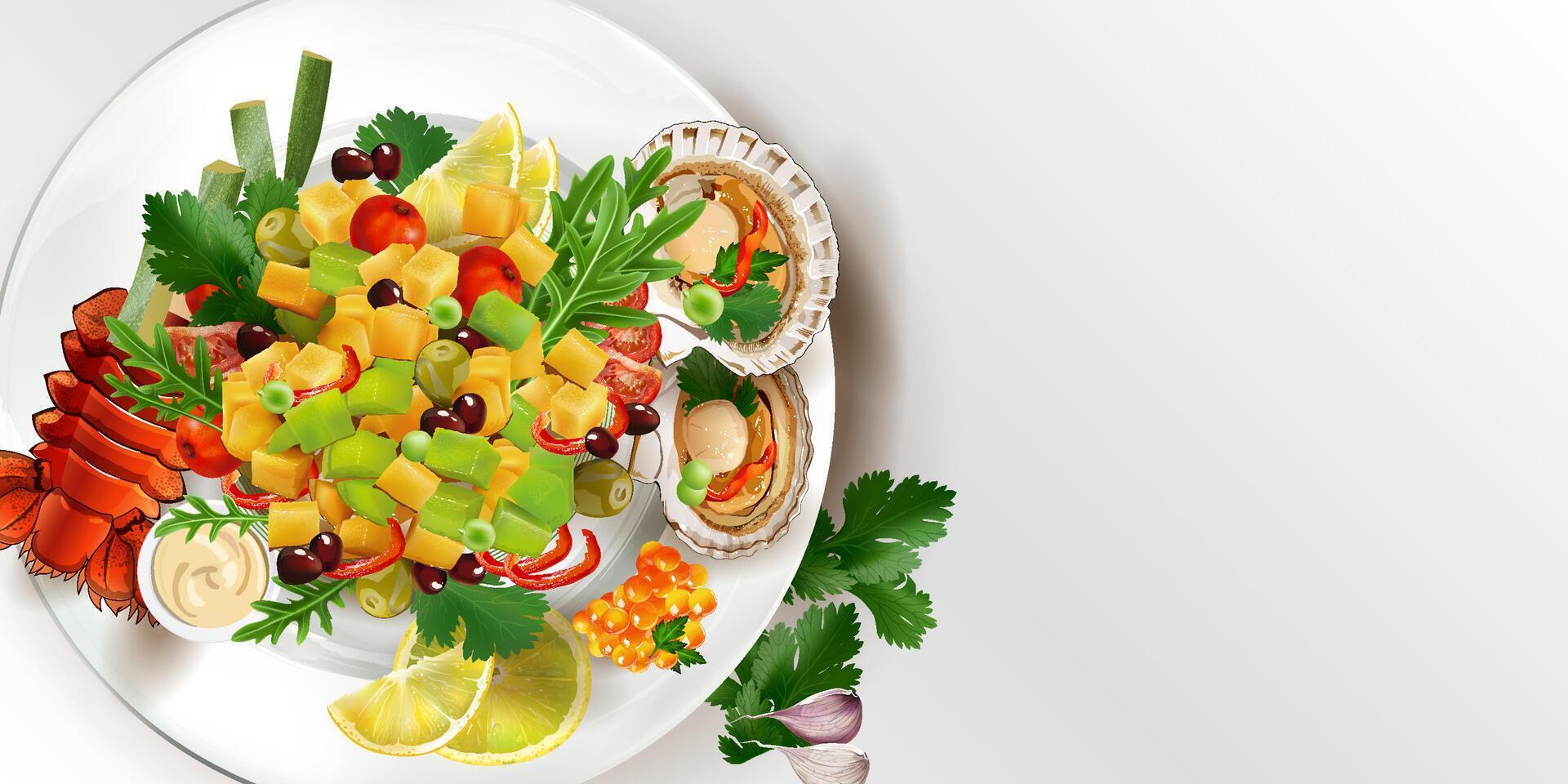Vegetable salad with lobster, scallops and red caviar. vector