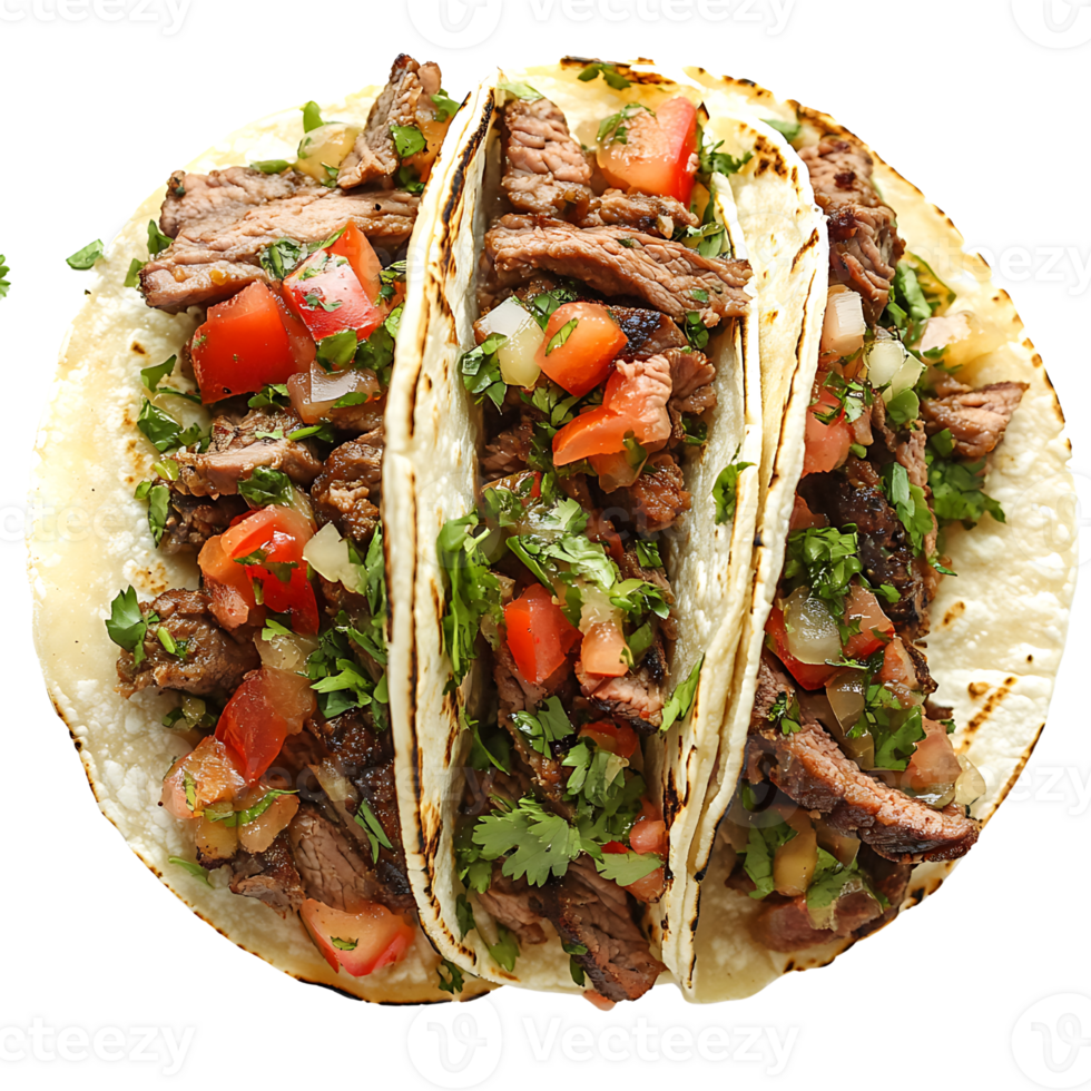 Three tacos with meat and vegetables png