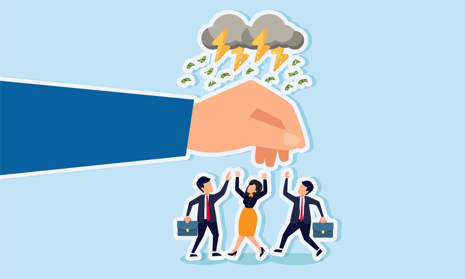 A hand protects businesspeople from a money storm, illustration of regulatory protection amid the increasing cases of corruption vector
