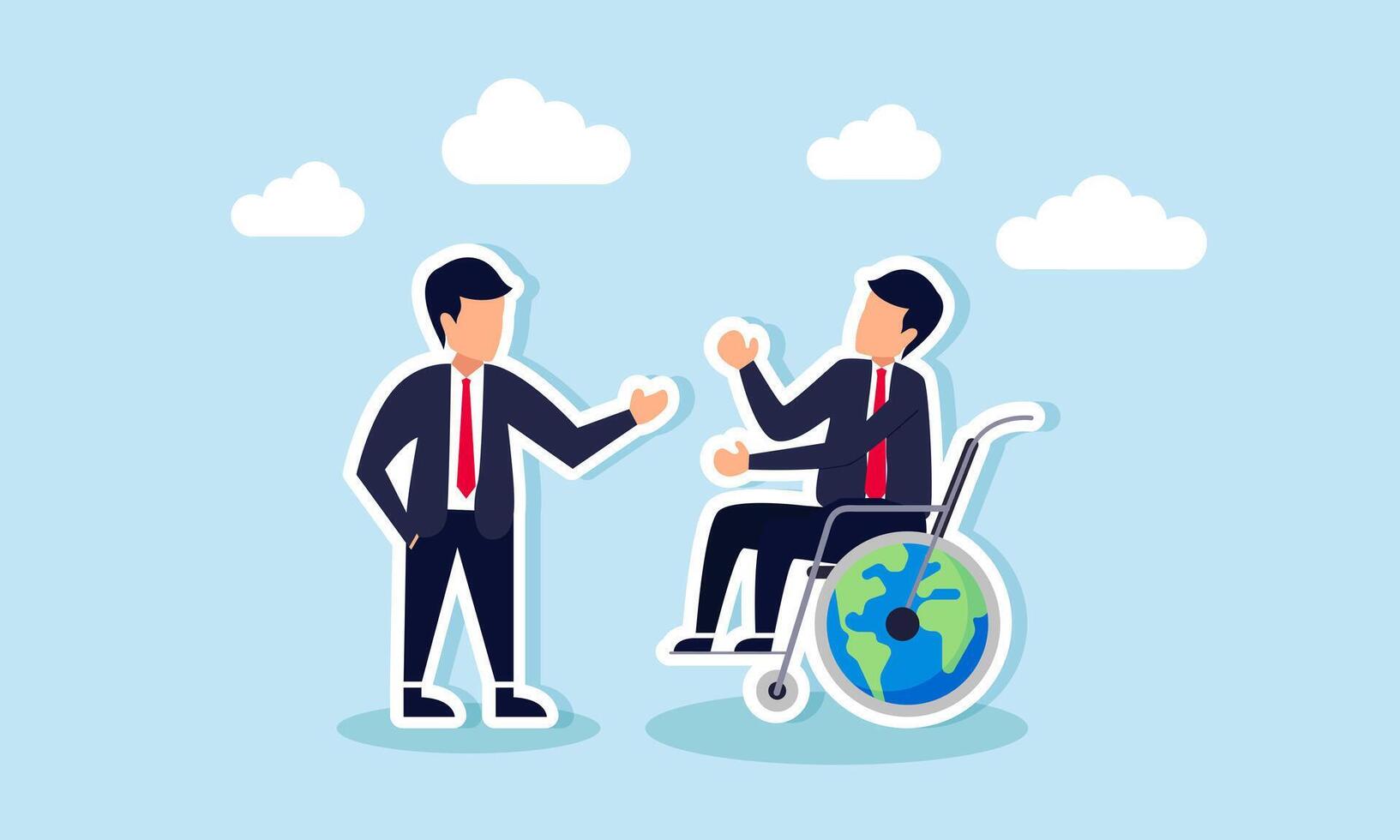A businessman talks to another businessman in a wheelchair next to a globe, illustration of sharing with others or mentors to find solutions for keeping up with emerging business trends vector