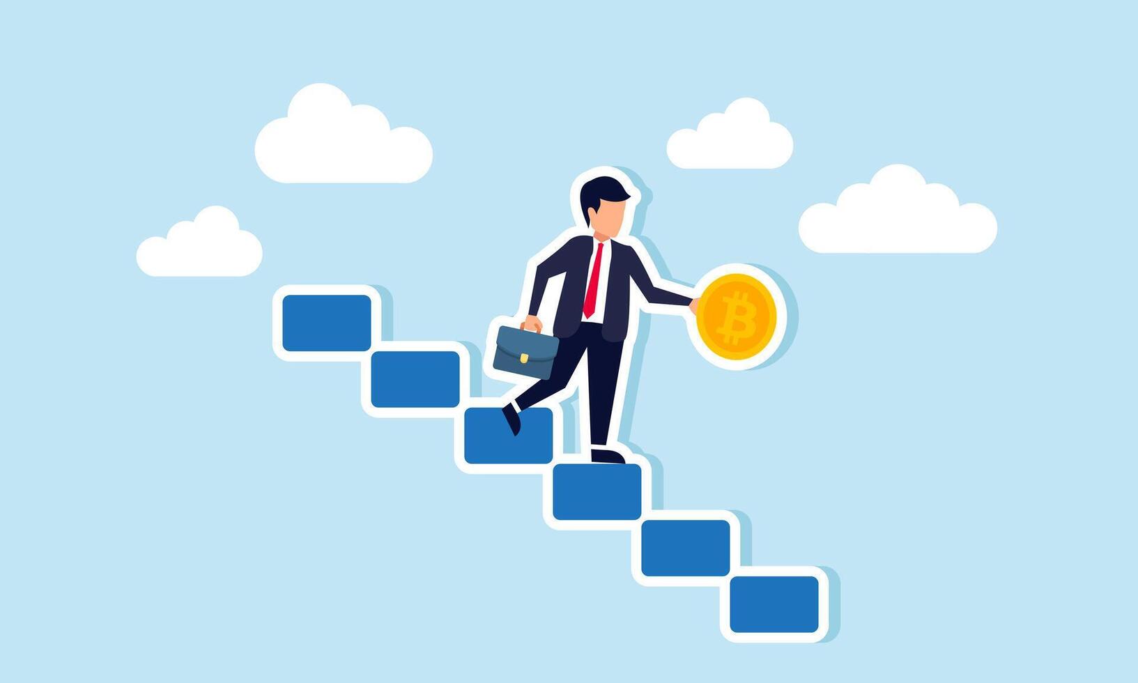 A businessman carrying bitcoin walking down stairs, illustration of declining investment asset valuation of bitcoin vector