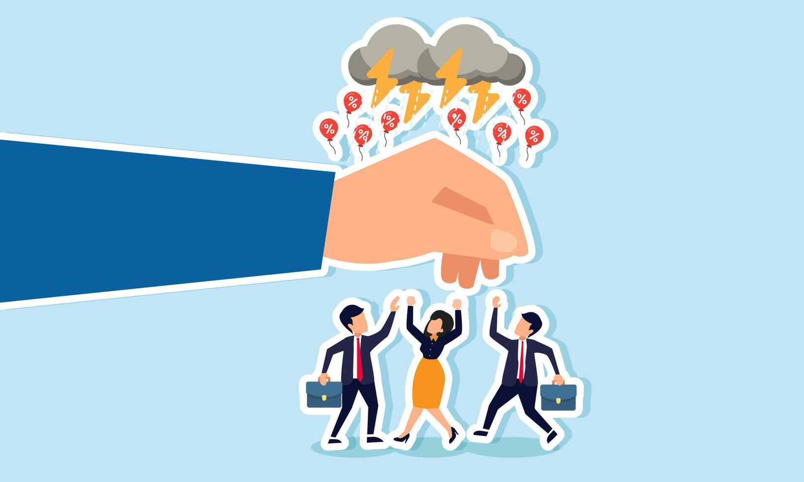 A hand protects businesspeople from a storm of discount balloons, illustration of regulatory protection to ensure market price standardization and prevent extreme price wars vector