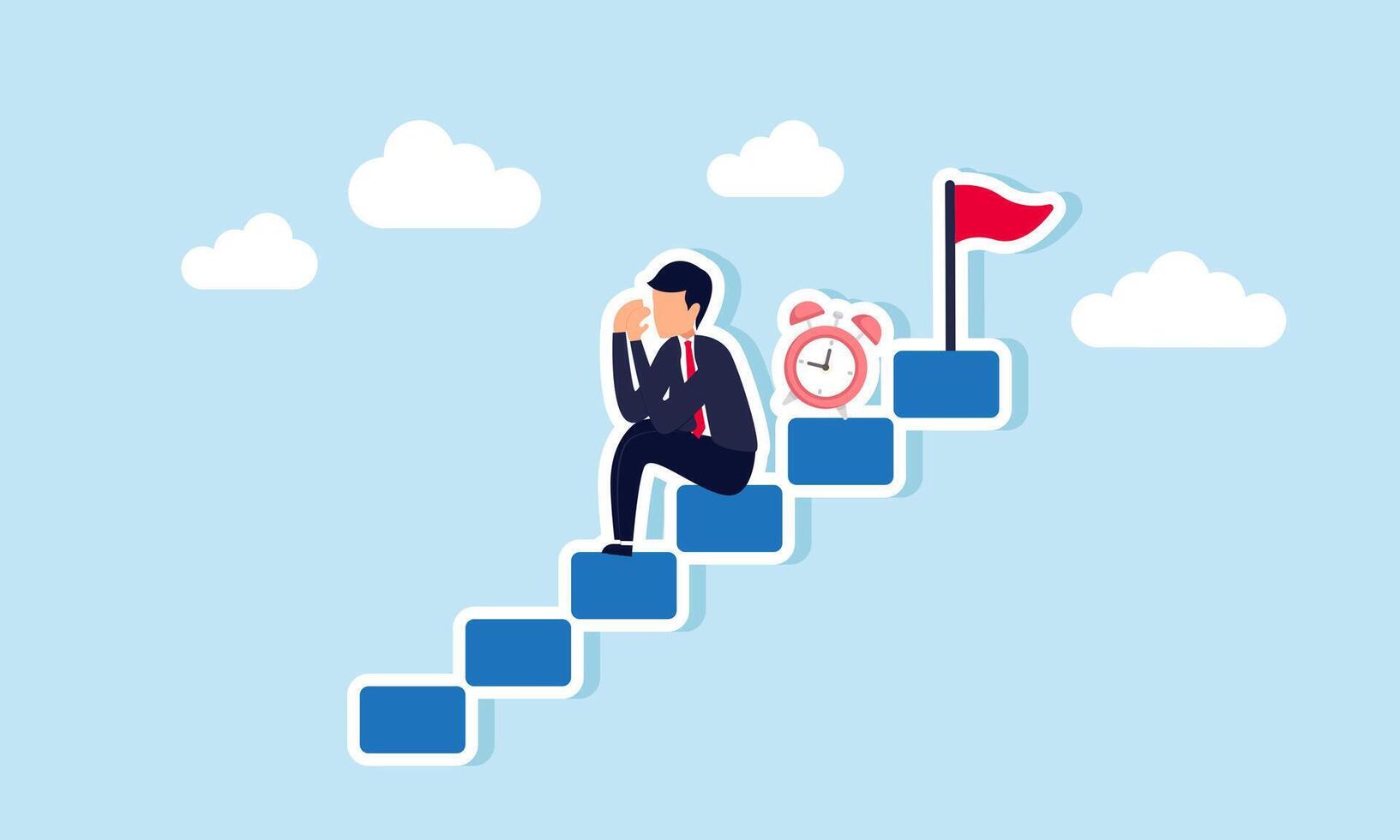 A sad businessman sits on the stairs next to an alarm clock, illustration of failure in completing a business project on time vector
