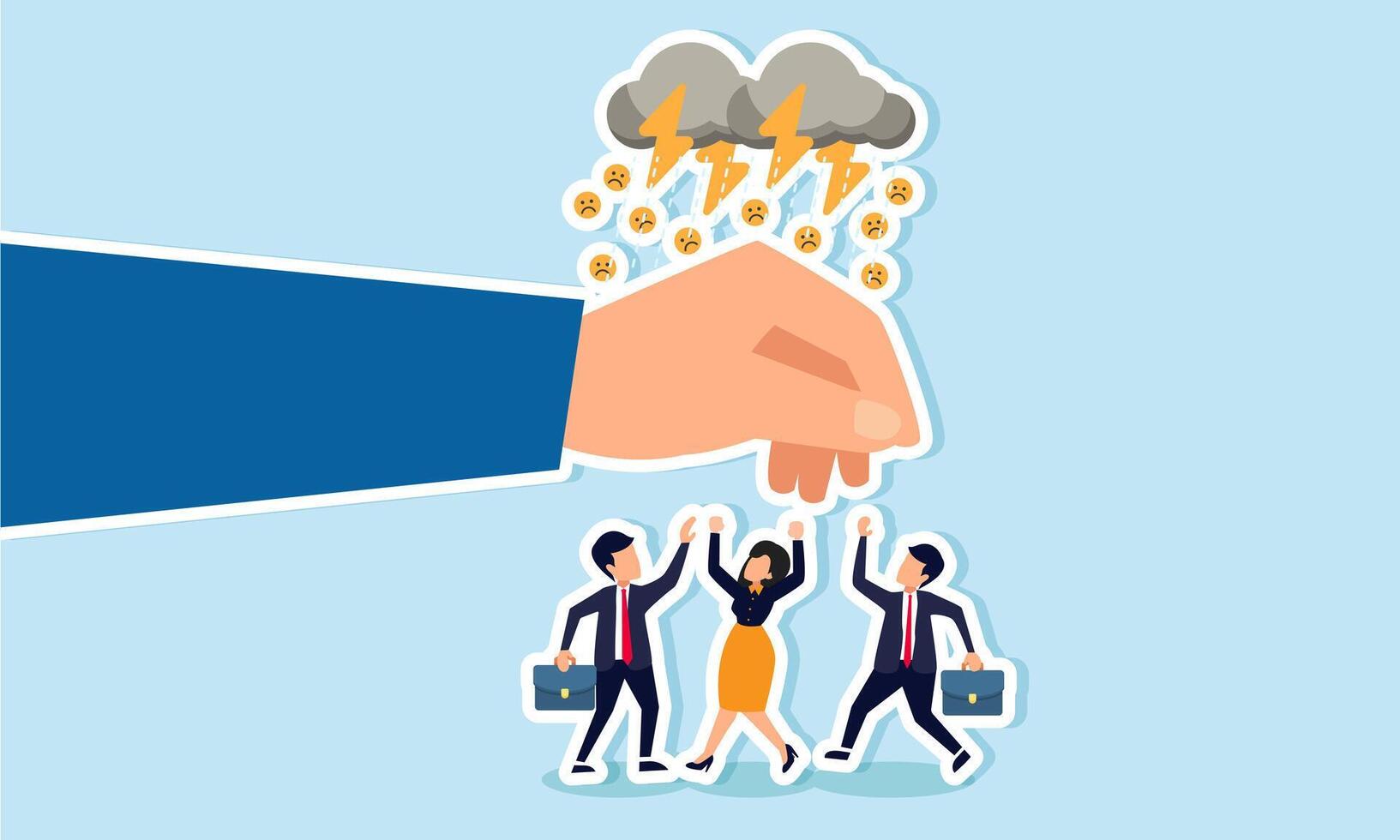 A hand protects businesspeople from a storm of sad emoticons, illustration of regulatory protection against consumer dissatisfaction with businesses vector