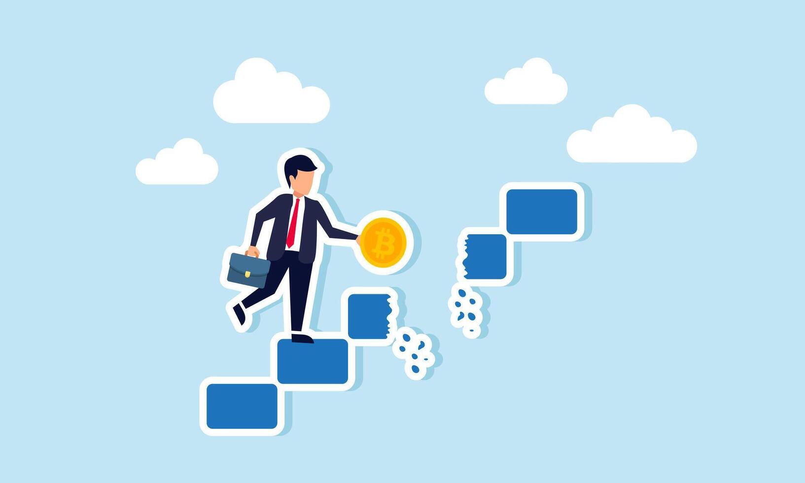 A businessman carrying bitcoin climbs stairs and discovers a broken step ahead, illustration of being aware of dangers threatening bitcoin investment assets vector
