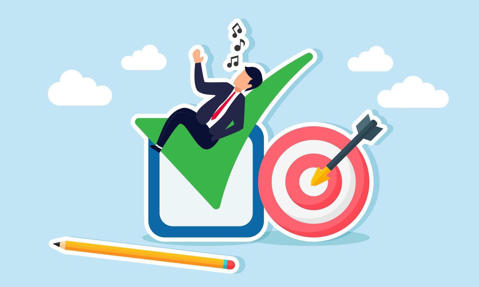 A businessman relaxes and whistles on top of a green checkmark beside a target board, illustration of a completed business project target vector