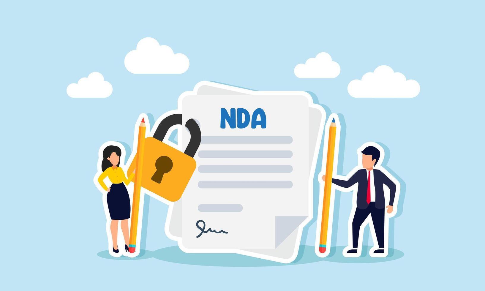 A businessman and businesswoman hold a pencil next to an NDA agreement, illustration of signing an agreement for using the NDA in company document confidentiality vector