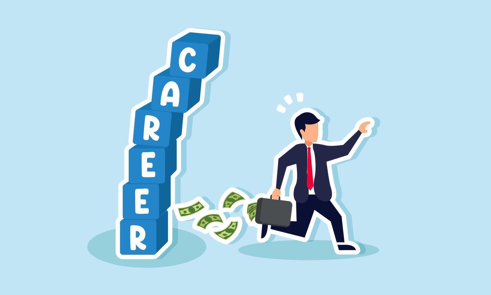 A businessman running with a suitcase full of money, trying to escape a falling pile of boxes labeled CAREER, illustration of protecting wealth from failures in a career vector