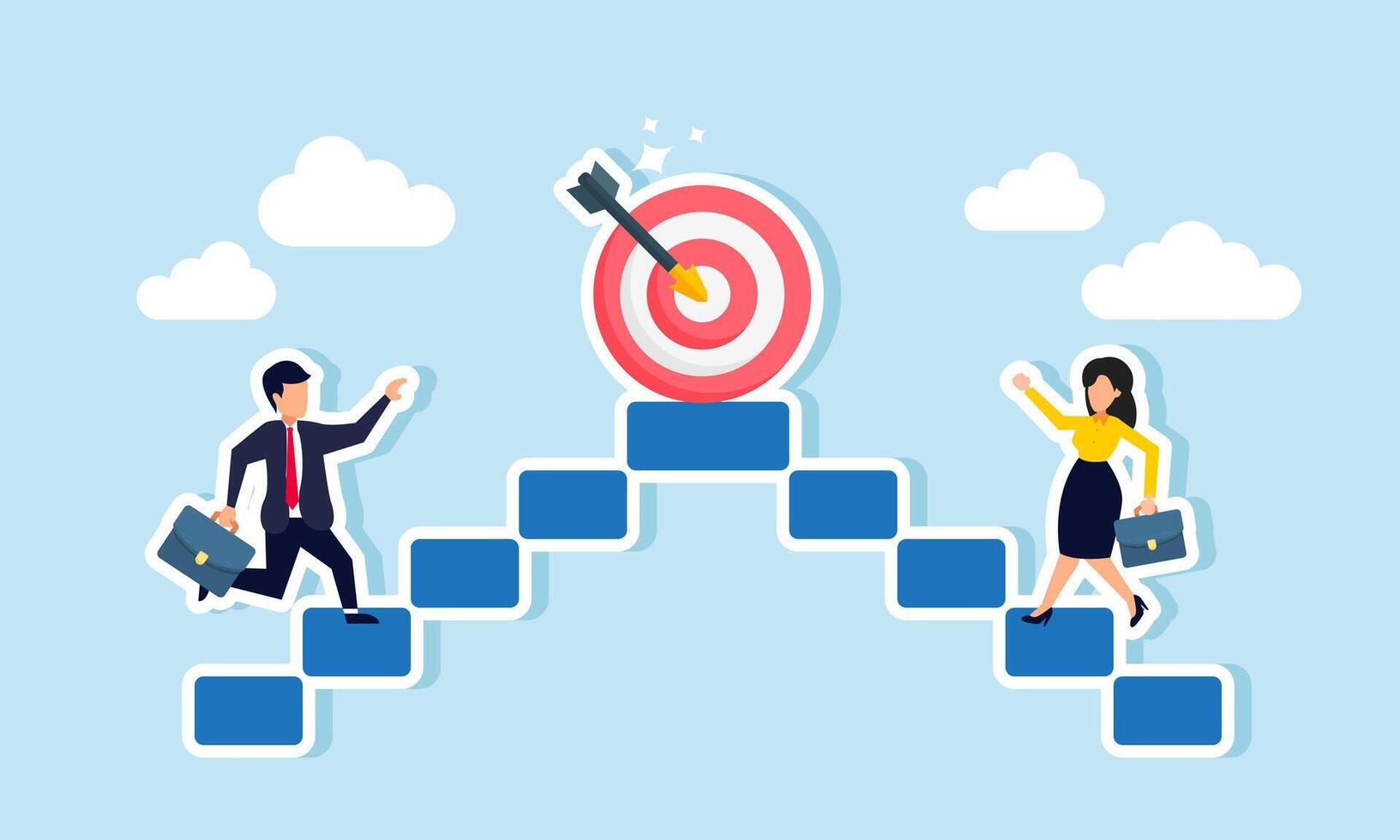 A businessman and businesswoman compete to reach the top of the ladder first to obtain the target board, illustrating competition in achieving more business goals vector