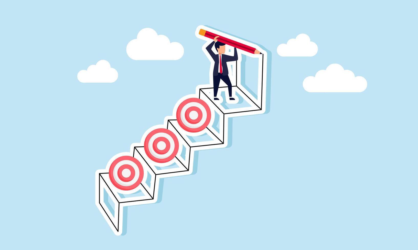 A businessman is drawing a ladder with a pencil, where the ladder has a target board on it, illustrating a step-by-step approach to achieving company business targets vector