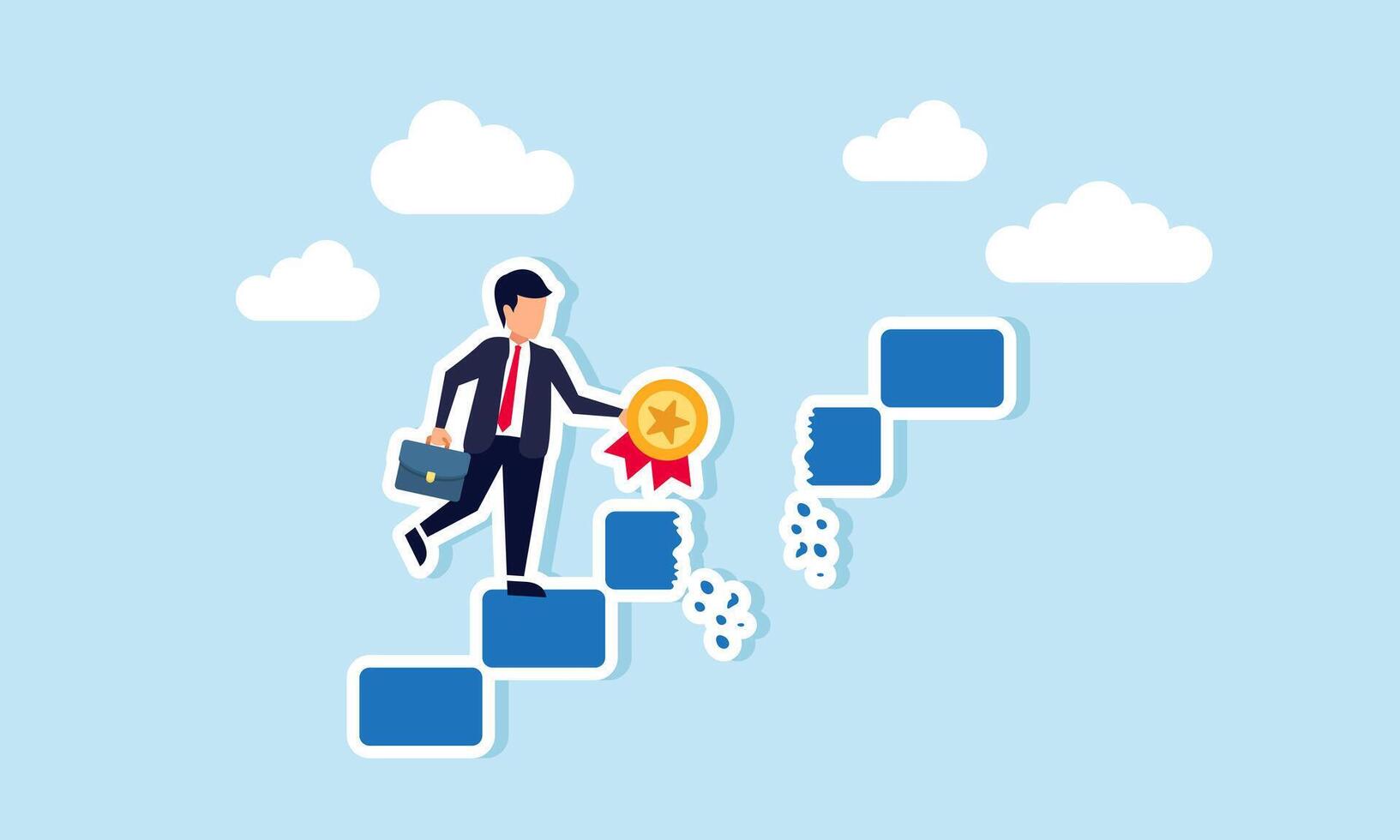 A businessman carrying a medal coin climbs stairs and discovers a broken step ahead, illustration of being aware of dangers threatening achievements and career vector
