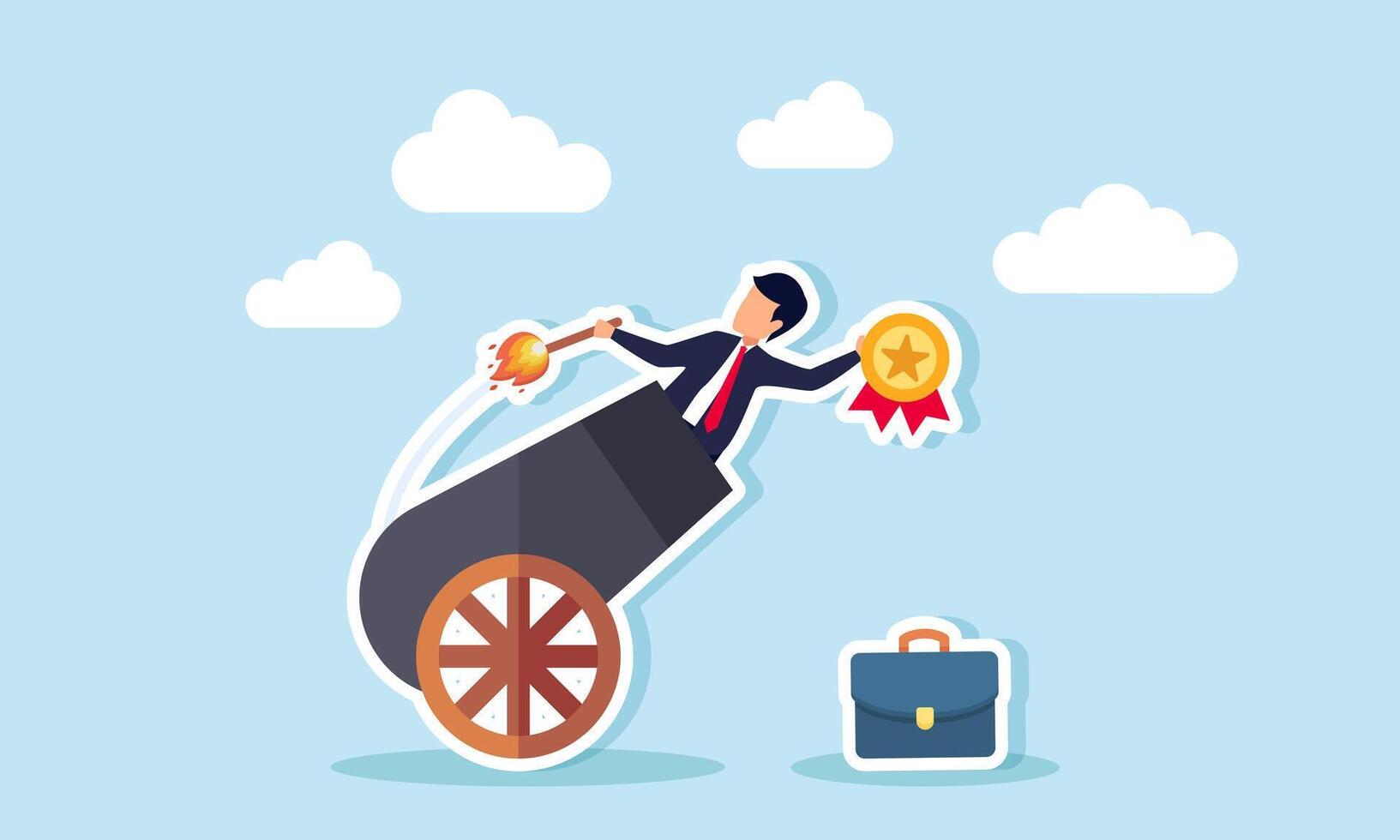 A businessman holding an award medal inside a cannon, intending to launch it, illustration of efforts to enhance work or business achievements vector