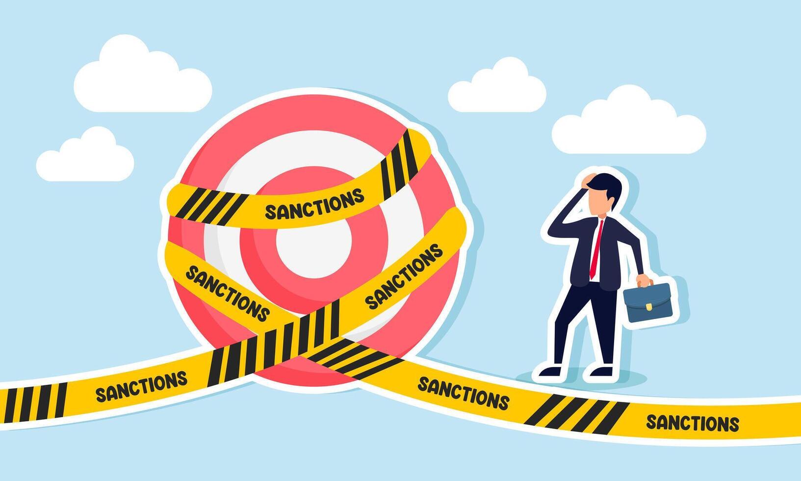 A businessman is confused by a target board sealed with a ribbon labeled SANCTIONS, illustration of sanctions on business targets that violate regulations vector