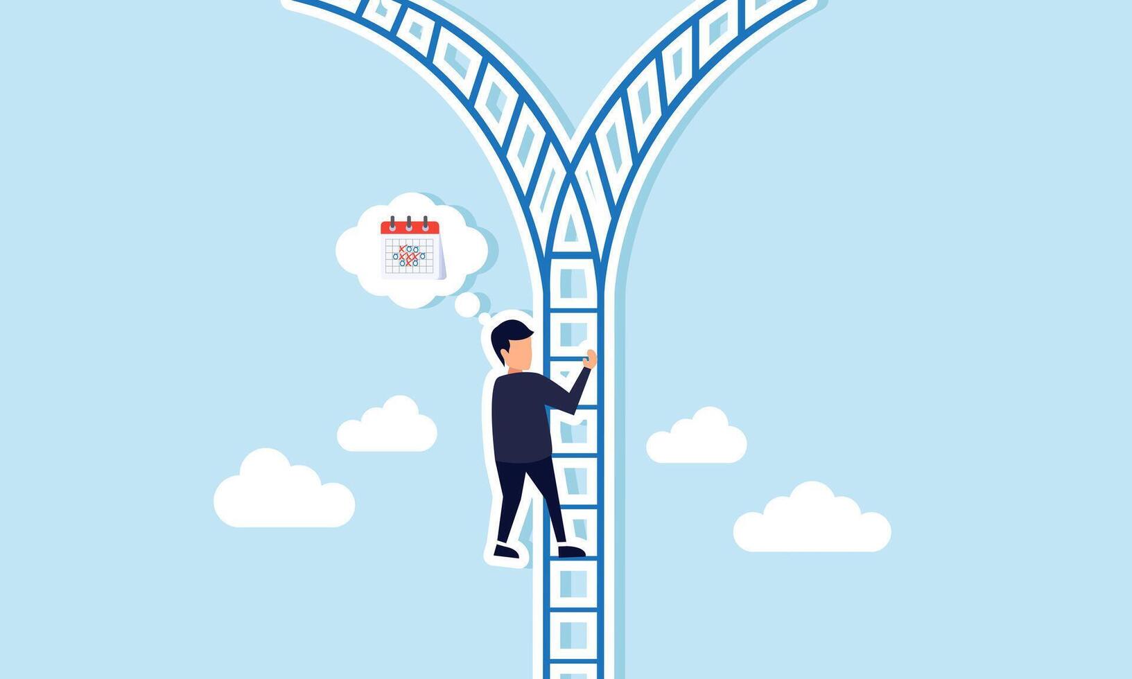 A businessman climbs a branching staircase while contemplating a schedule calendar, illustration of analysis in executing business projects on time vector