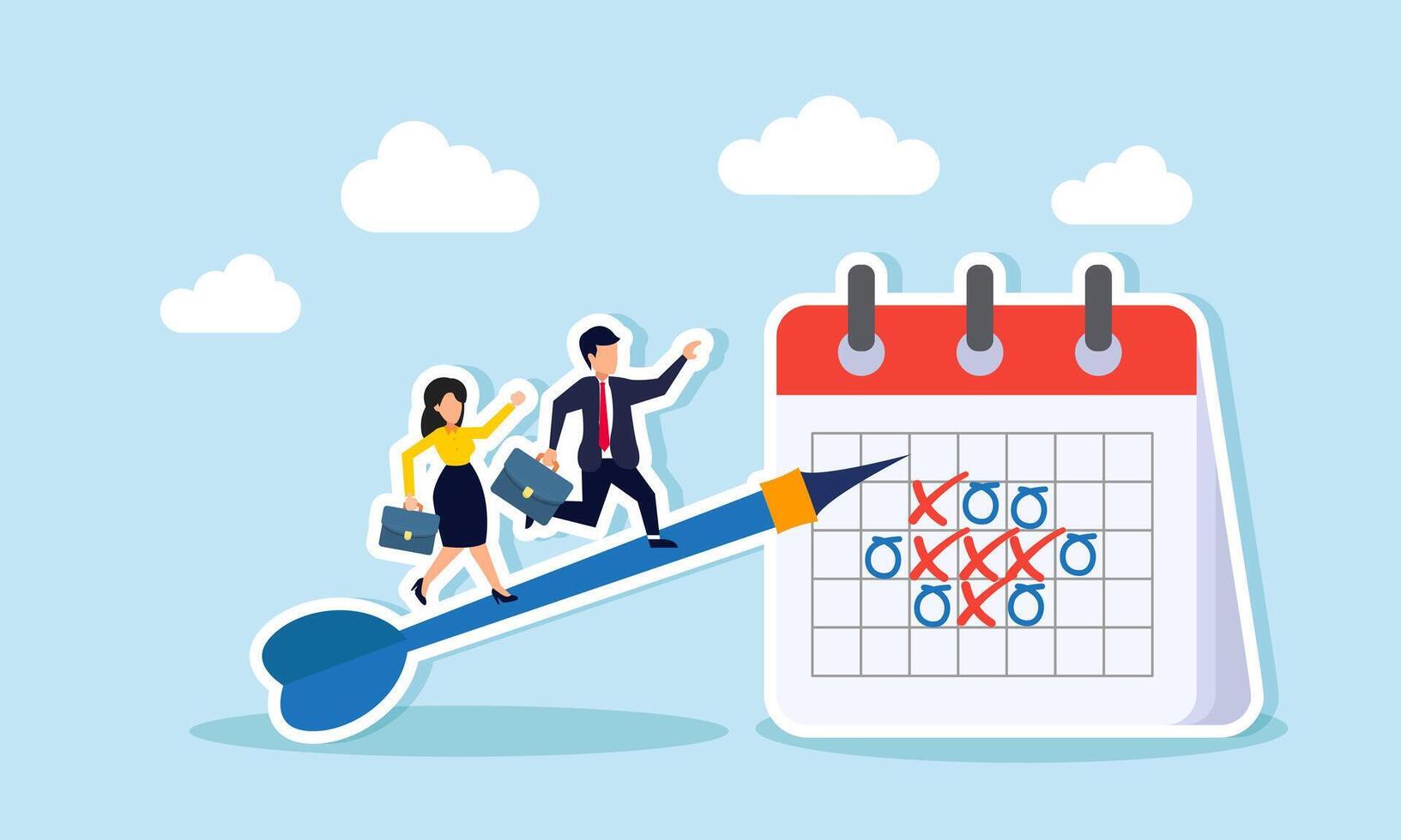 A businessman and businesswoman climb an arrow pointing at a schedule calendar, illustration of competition in completing business projects on the set timeline vector